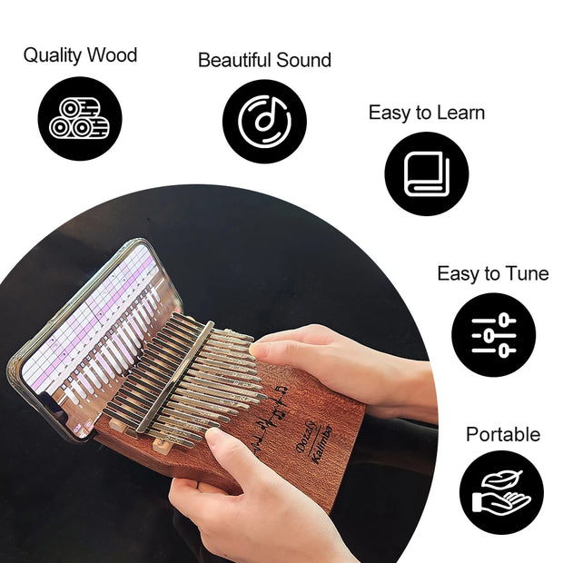 DOZZLY 17 Keys Kalimba Solid Wood Body Finger Piano with cell phone holder Thumb Piano Keyboard Musical Instrument for Beginner
