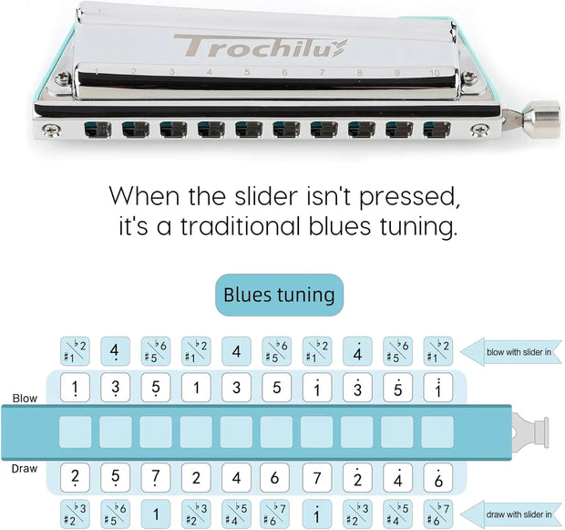 JDR Trochilus 10 Holes Chromatic Harmonica Key of C Armonica Valveless Harp Mouth Organ Chromonica with Case for Beginners