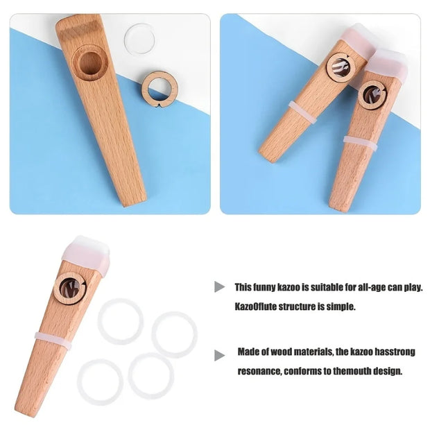 Wooden Kazoo Guitar/Ukulele/Electric Guitar/Bass Accompaniment Easy for beginners to learn the instrument, with 5 flute membrane