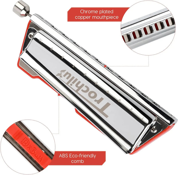 JDR Trochilus 10 Holes Chromatic Harmonica Key of C Armonica Valveless Harp Mouth Organ Chromonica with Case for Beginners