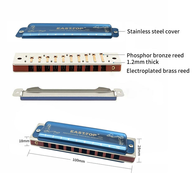 Top Grade Harmonica NEW 008K Blues Harp Mouth Organ 10 Hole 20 Tone Diatonic Blues Harmonica with Case,Harmonica for Adults
